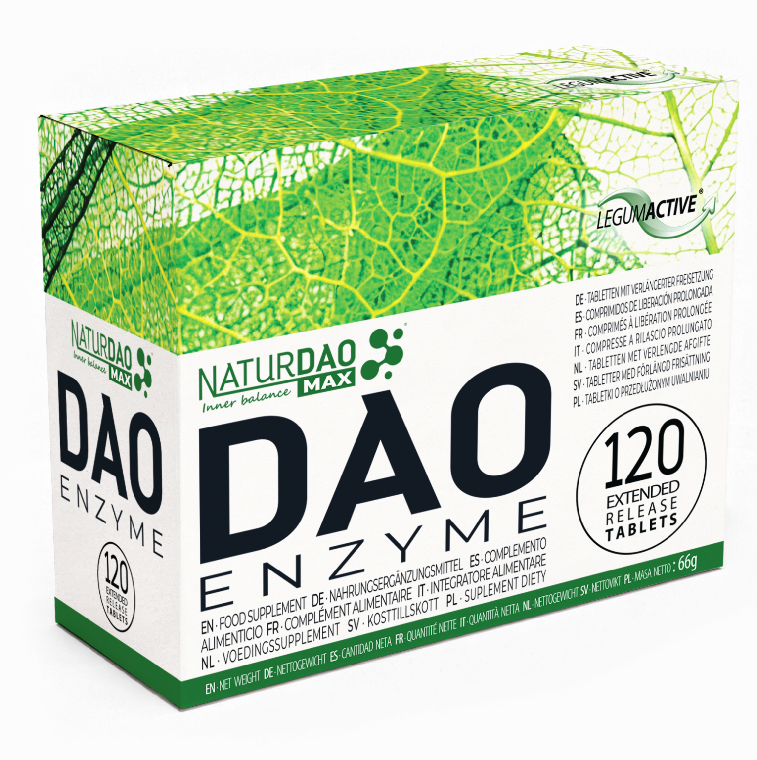 Caja de NaturDAO MAX de 120 comprimidos, vista frontal