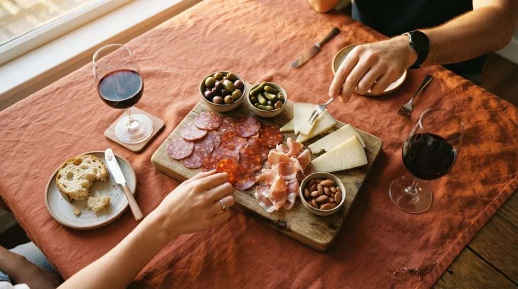 Vista cenital de una mesa con embutido, queso curado, aceitunas, pan y dos copas de vino, con dos personas sirviéndose