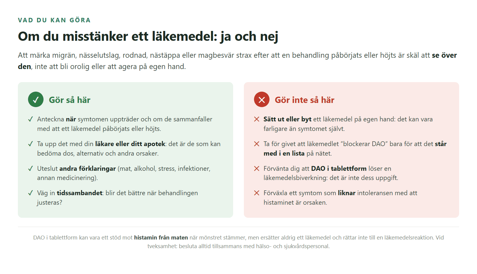 Vad du bör och inte bör göra om du misstänker att ett läkemedel påverkar dina symtom.