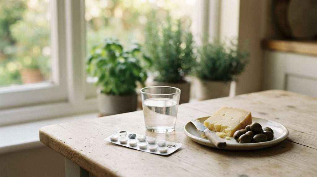 Blíster de comprimidos y un vaso de agua sobre una mesa de cocina, junto a un plato con queso curado y aceitunas
